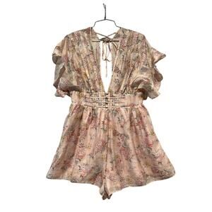 Storia Floral Tie-Back Cinched Button Waist Back Zip Romper Soft Blush Floral M